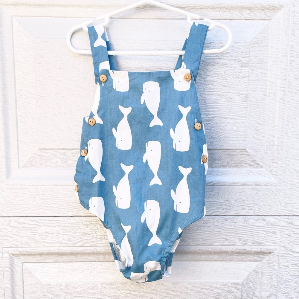 12-18m blue and white whale romper baby boy girl unisex with tan buttons